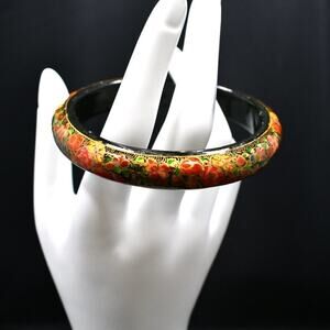 Vintage Russian Lacquer Floral Bangle Black Red Gold Hand Painted